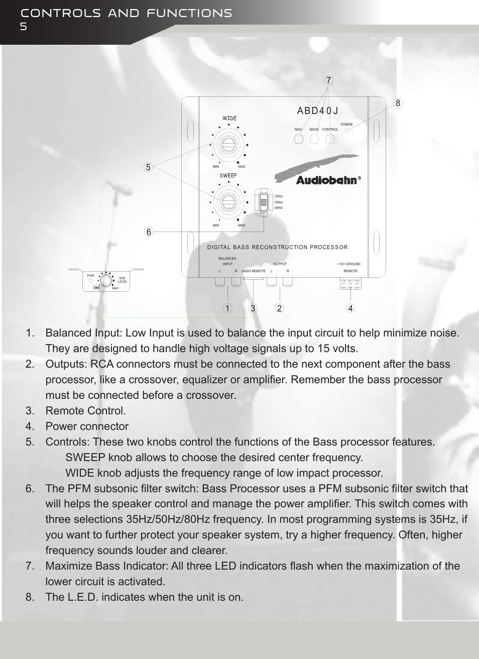 Controls and functions, Abd4 0 j | AudioBahn ABD40J User Manual | Page 6 / 12