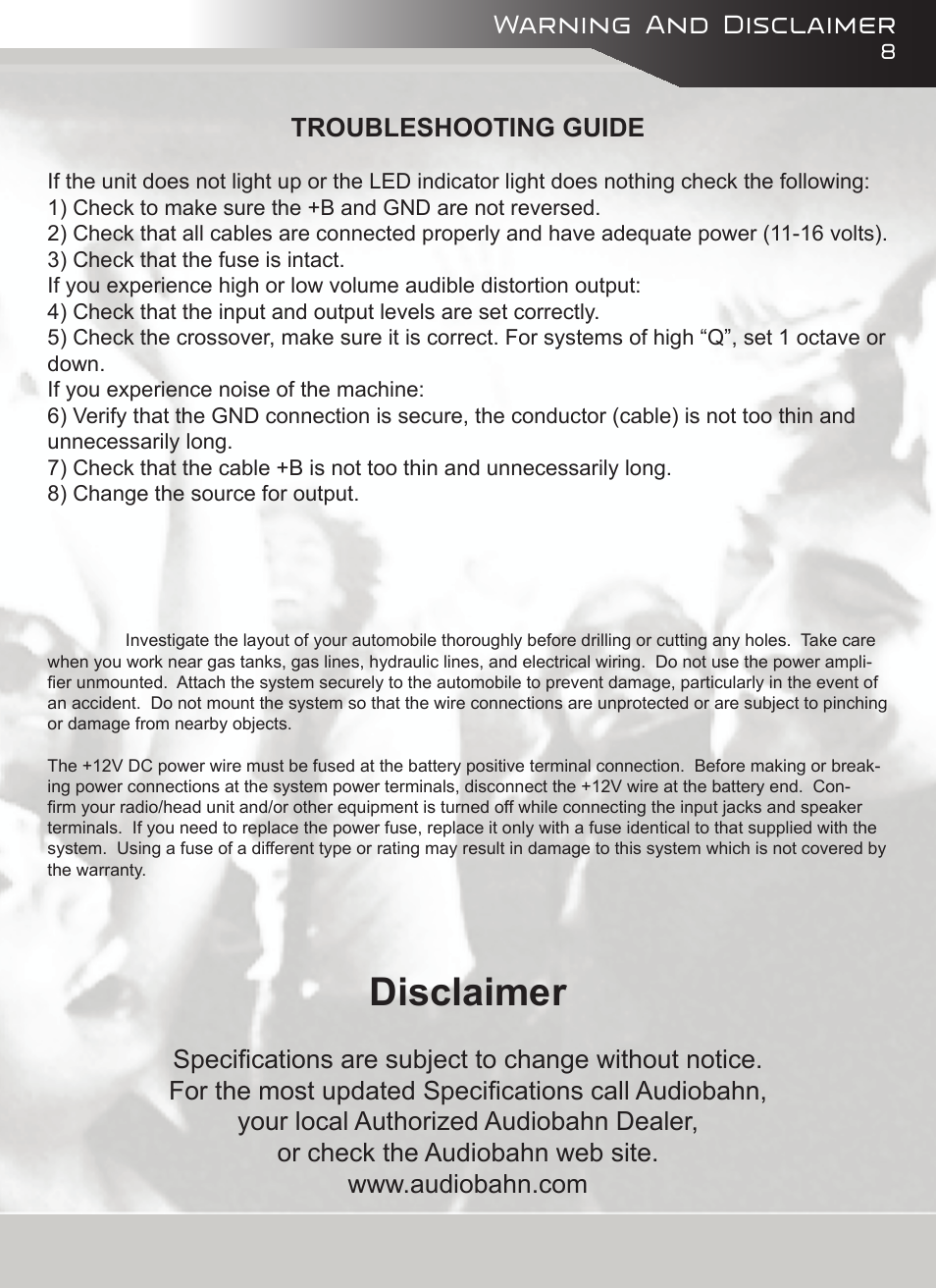 Disclaimer, Warning and disclaimer, Troubleshooting guide | AudioBahn ABD40J User Manual | Page 9 / 12