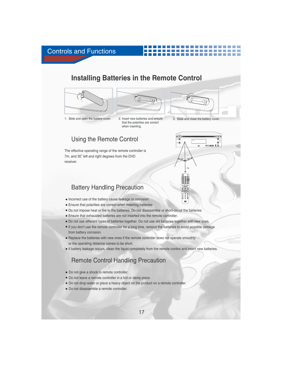 Installing batteries in the remote control, Controls and functions, Using the remote control | Battery handling precaution, Remote control handling precaution | AudioBahn Universal Mount DVD Player AVDVD1P User Manual | Page 18 / 54