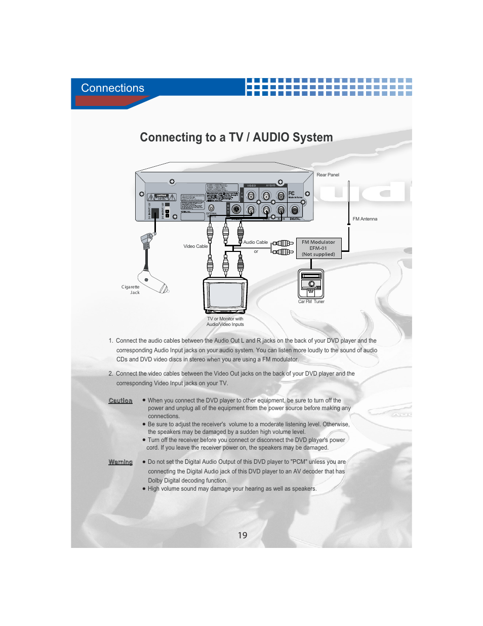 Connecting to a tv / audio system, Connections | AudioBahn Universal Mount DVD Player AVDVD1P User Manual | Page 20 / 54