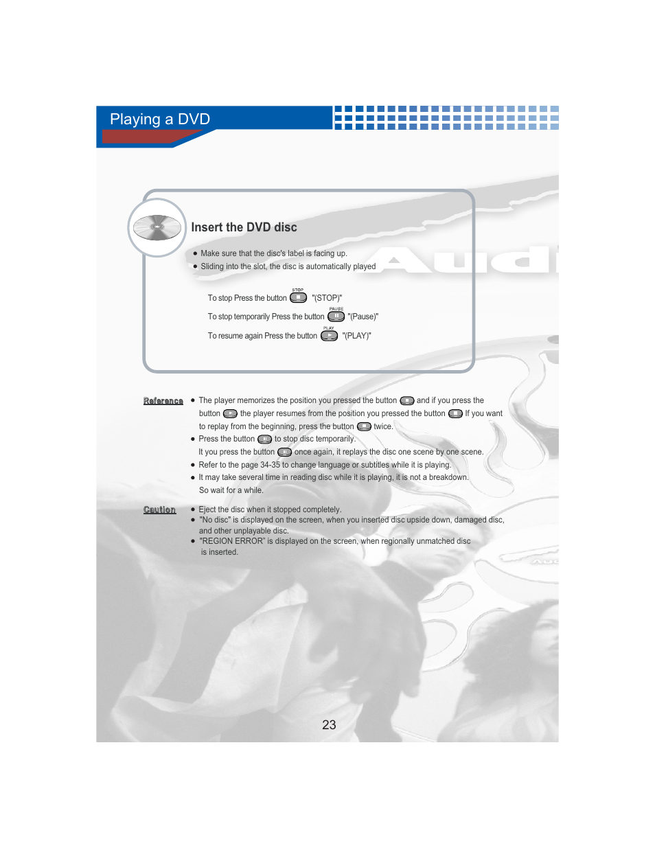 Playing a dvd, Insert the dvd disc | AudioBahn Universal Mount DVD Player AVDVD1P User Manual | Page 24 / 54