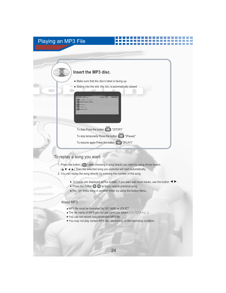Playing an mp3 file, Insert the mp3 disc . to replay a song you want | AudioBahn Universal Mount DVD Player AVDVD1P User Manual | Page 25 / 54