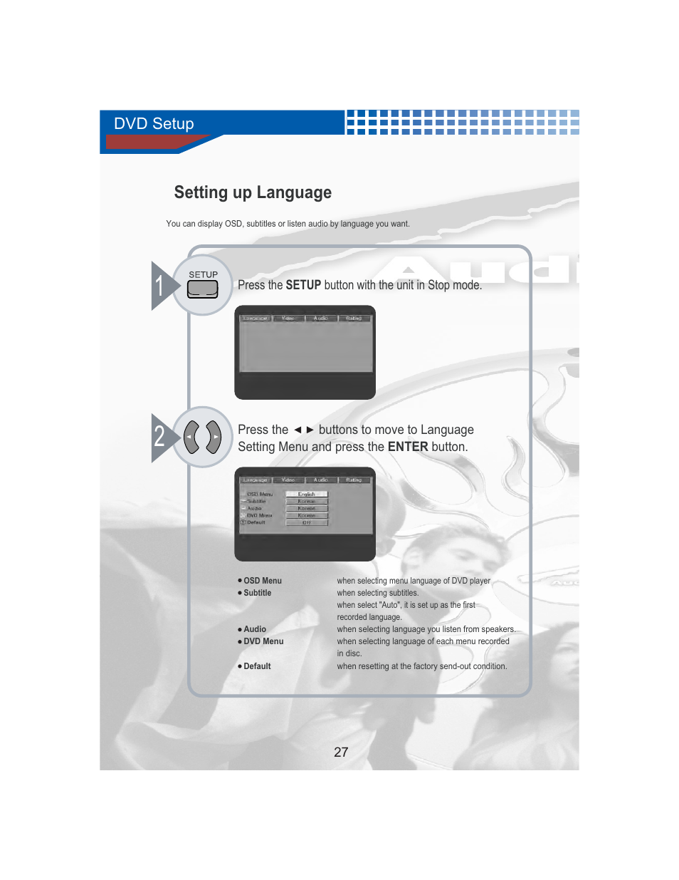 Setting up language, Dvd setup | AudioBahn Universal Mount DVD Player AVDVD1P User Manual | Page 28 / 54