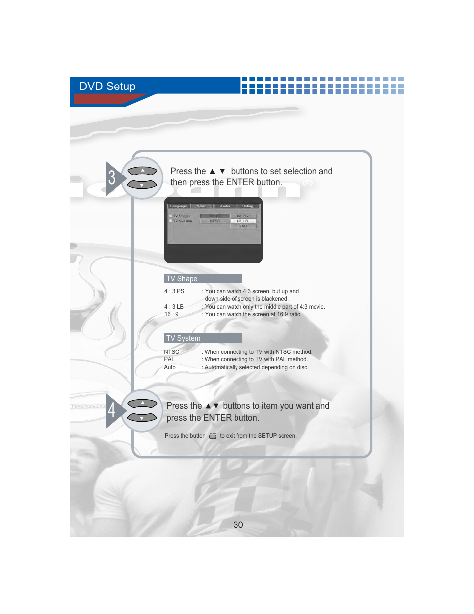Dvd setup | AudioBahn Universal Mount DVD Player AVDVD1P User Manual | Page 31 / 54
