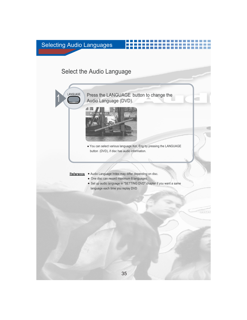 Select the audio language, Selecting audio languages | AudioBahn Universal Mount DVD Player AVDVD1P User Manual | Page 36 / 54