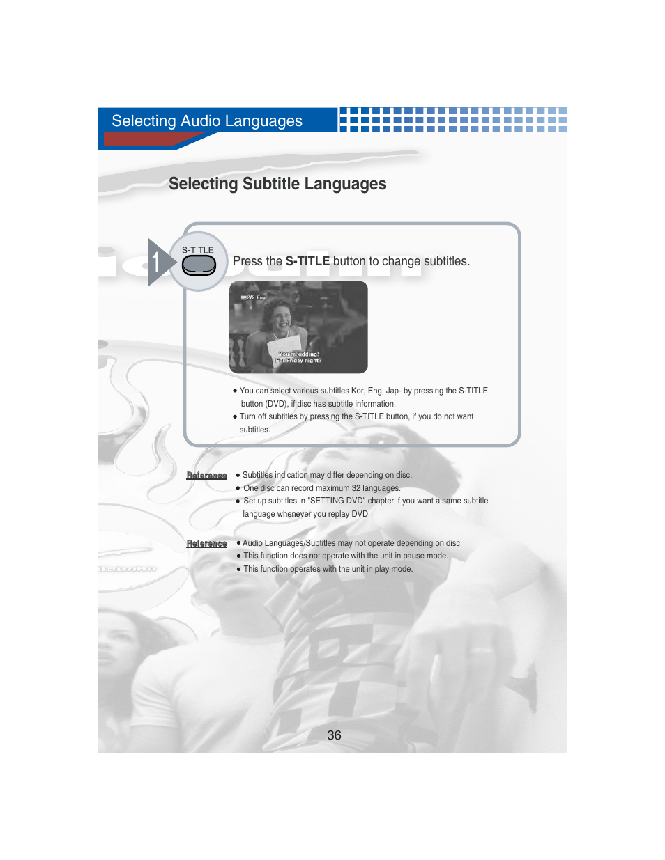 Selecting subtitle languages, Selecting audio languages, Press the s-title button to change subtitles | AudioBahn Universal Mount DVD Player AVDVD1P User Manual | Page 37 / 54