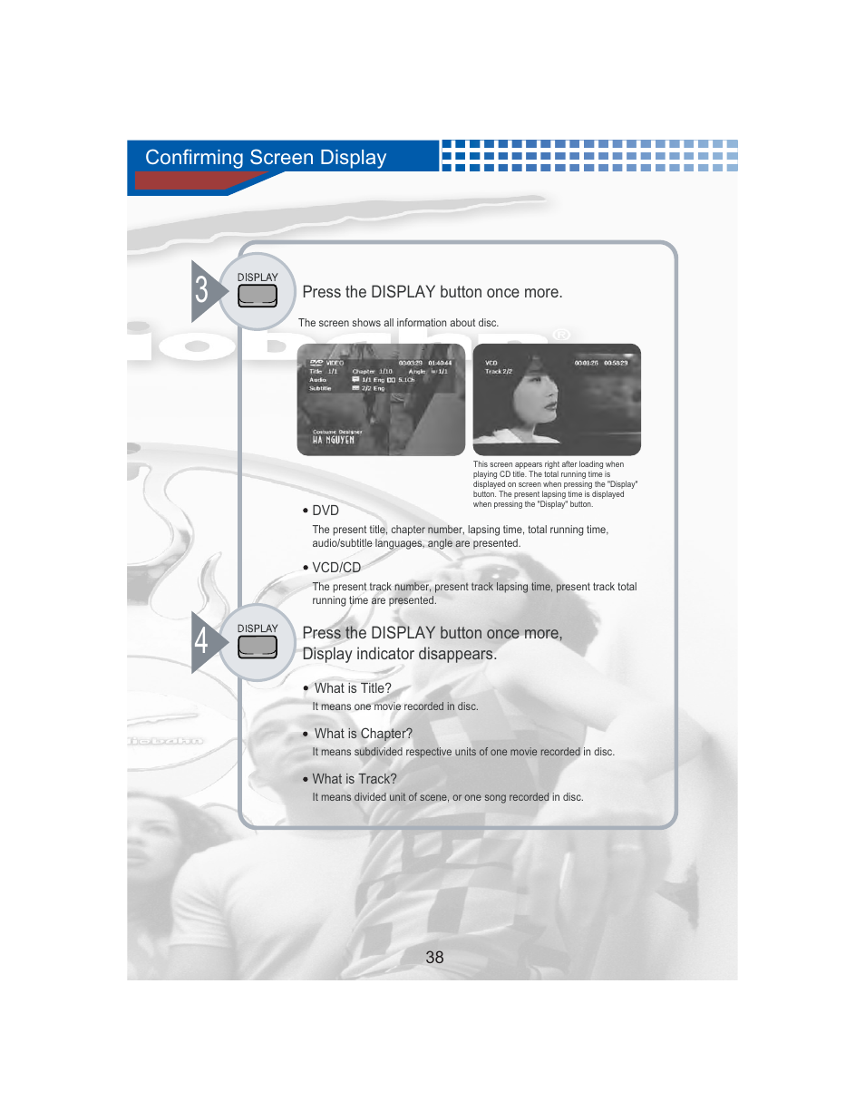 Confirming screen display | AudioBahn Universal Mount DVD Player AVDVD1P User Manual | Page 39 / 54