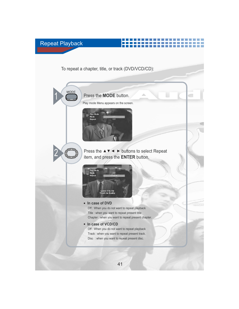 Repeat playback | AudioBahn Universal Mount DVD Player AVDVD1P User Manual | Page 42 / 54
