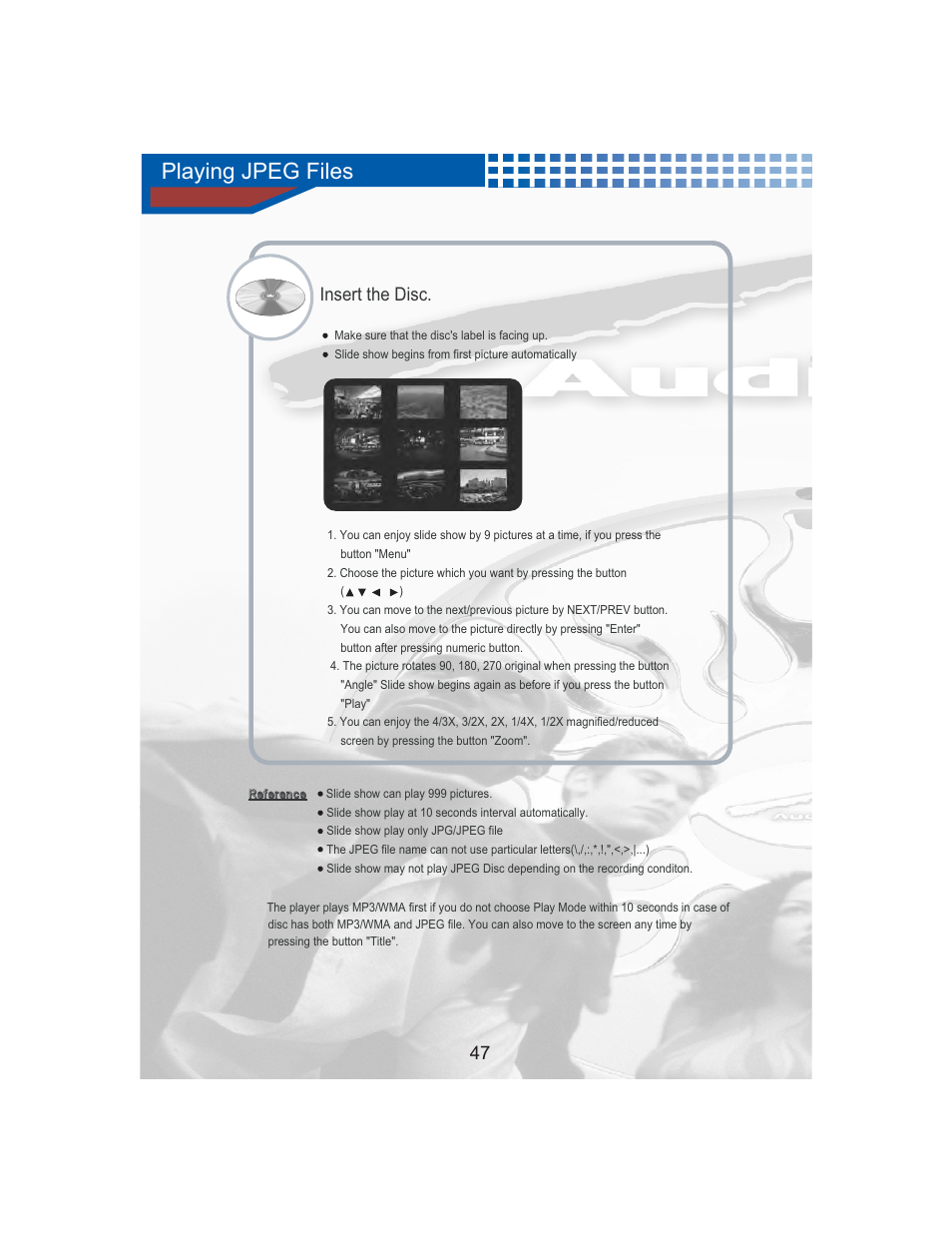 Playing jpeg files, Insert the disc | AudioBahn Universal Mount DVD Player AVDVD1P User Manual | Page 48 / 54