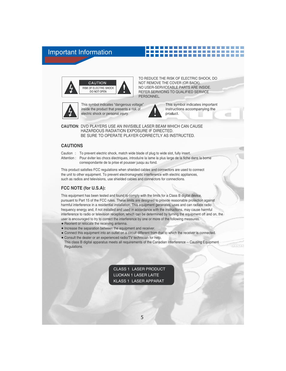Important information | AudioBahn Universal Mount DVD Player AVDVD1P User Manual | Page 6 / 54