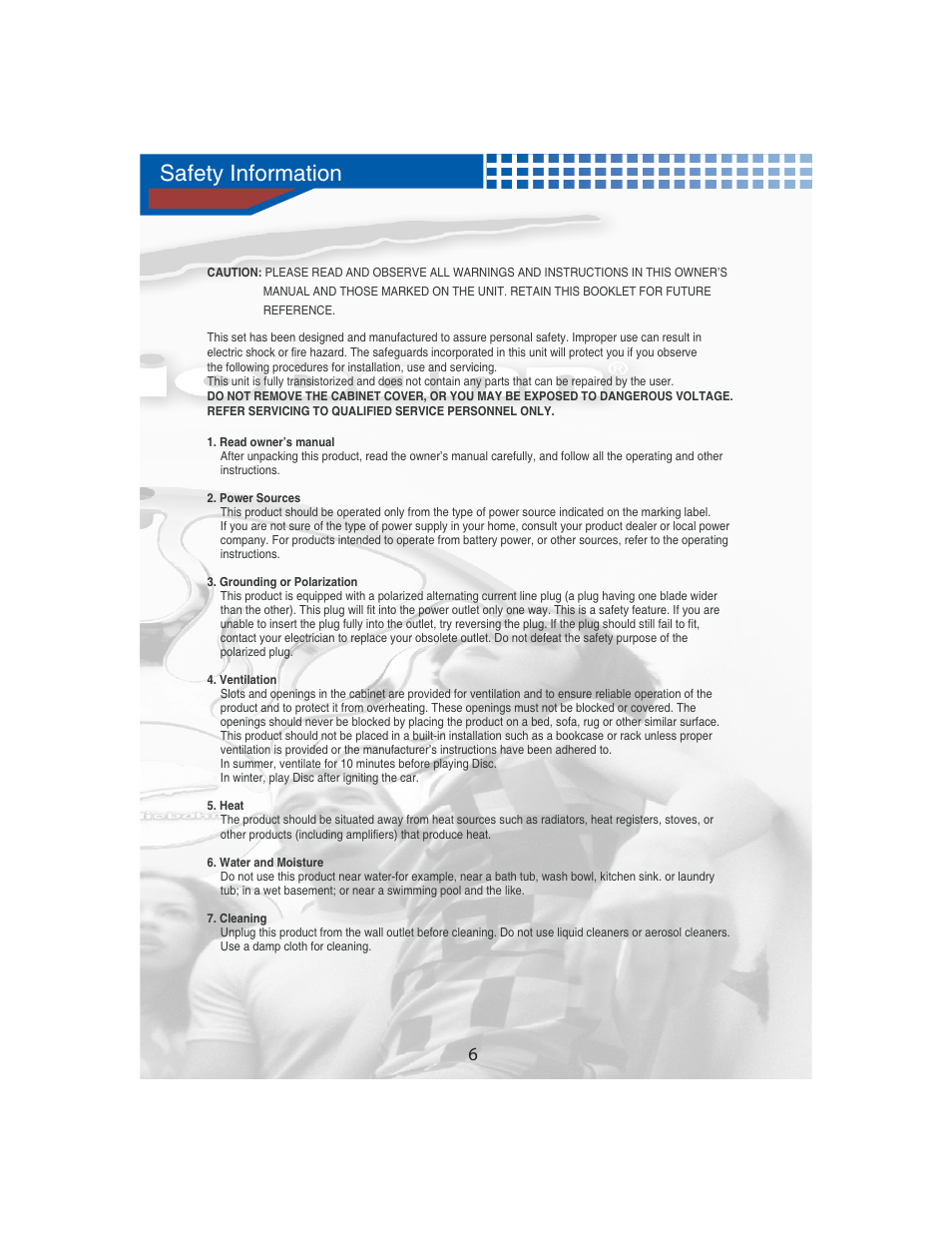 Safety information | AudioBahn Universal Mount DVD Player AVDVD1P User Manual | Page 7 / 54