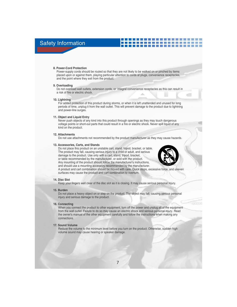 Safety information | AudioBahn Universal Mount DVD Player AVDVD1P User Manual | Page 8 / 54