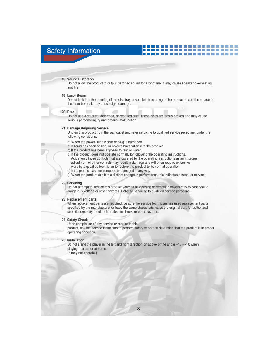 Safety information | AudioBahn Universal Mount DVD Player AVDVD1P User Manual | Page 9 / 54