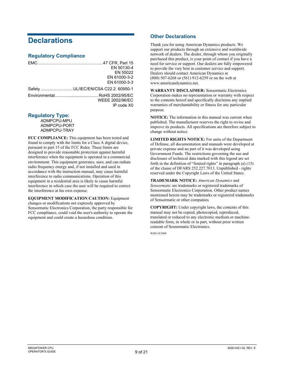 Declarations | American Dynamics MegaPower CPU ADMPCPU User Manual | Page 11 / 25