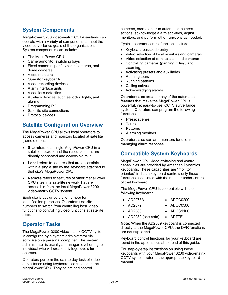 System components, Satellite configuration overview, Operator tasks | Compatible system keyboards | American Dynamics MegaPower CPU ADMPCPU User Manual | Page 5 / 25