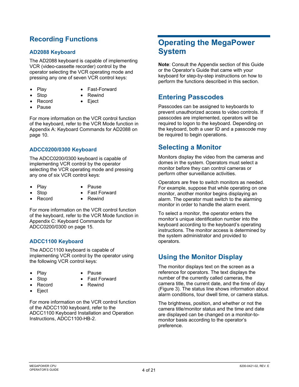 Recording functions, Operating the megapower system, Entering passcodes | Selecting a monitor, Using the monitor display | American Dynamics MegaPower CPU ADMPCPU User Manual | Page 6 / 25