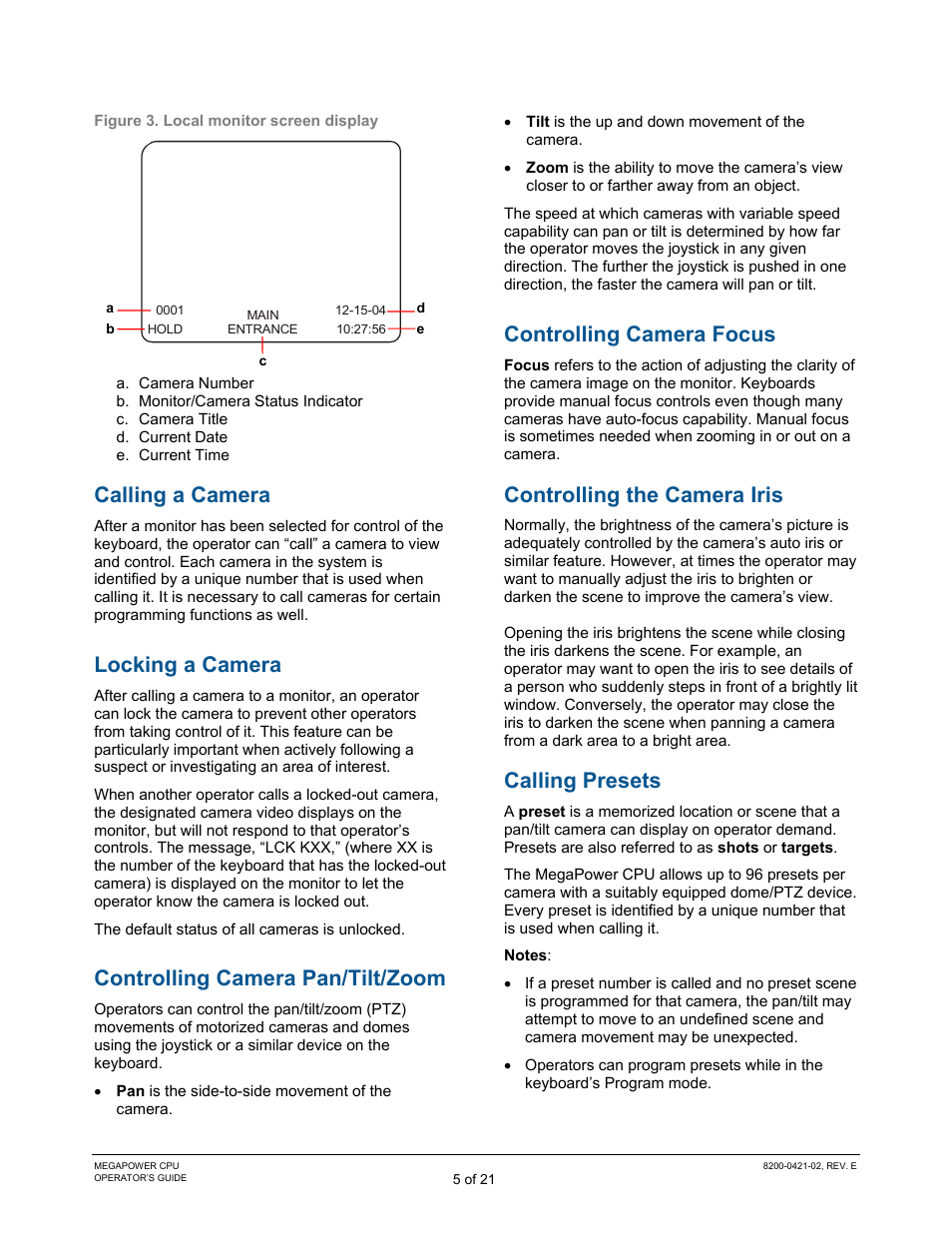 Calling a camera, Locking a camera, Controlling camera pan/tilt/zoom | Controlling camera focus, Controlling the camera iris, Calling presets | American Dynamics MegaPower CPU ADMPCPU User Manual | Page 7 / 25