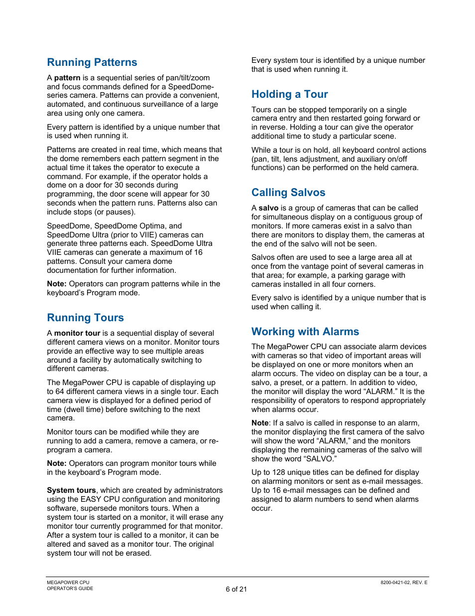 Running patterns, Running tours, Holding a tour | Calling salvos, Working with alarms | American Dynamics MegaPower CPU ADMPCPU User Manual | Page 8 / 25