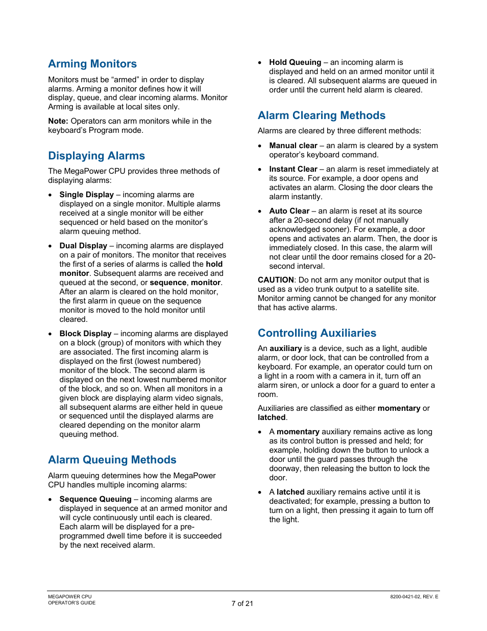 Arming monitors, Displaying alarms, Alarm queuing methods | Alarm clearing methods, Controlling auxiliaries | American Dynamics MegaPower CPU ADMPCPU User Manual | Page 9 / 25