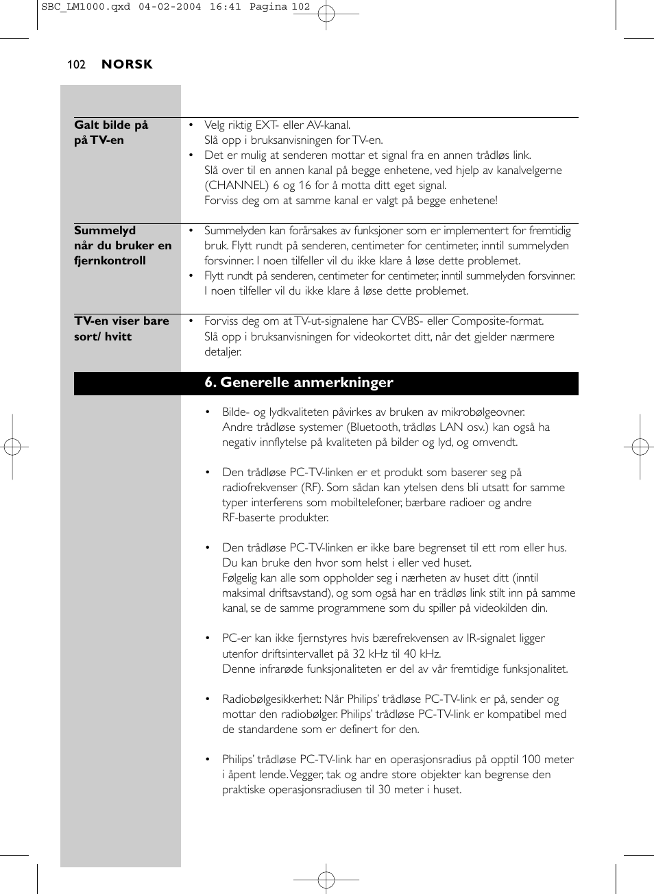 Generelle anmerkninger | Philips Wireless PC-TV-Verbindung User Manual | Page 103 / 127