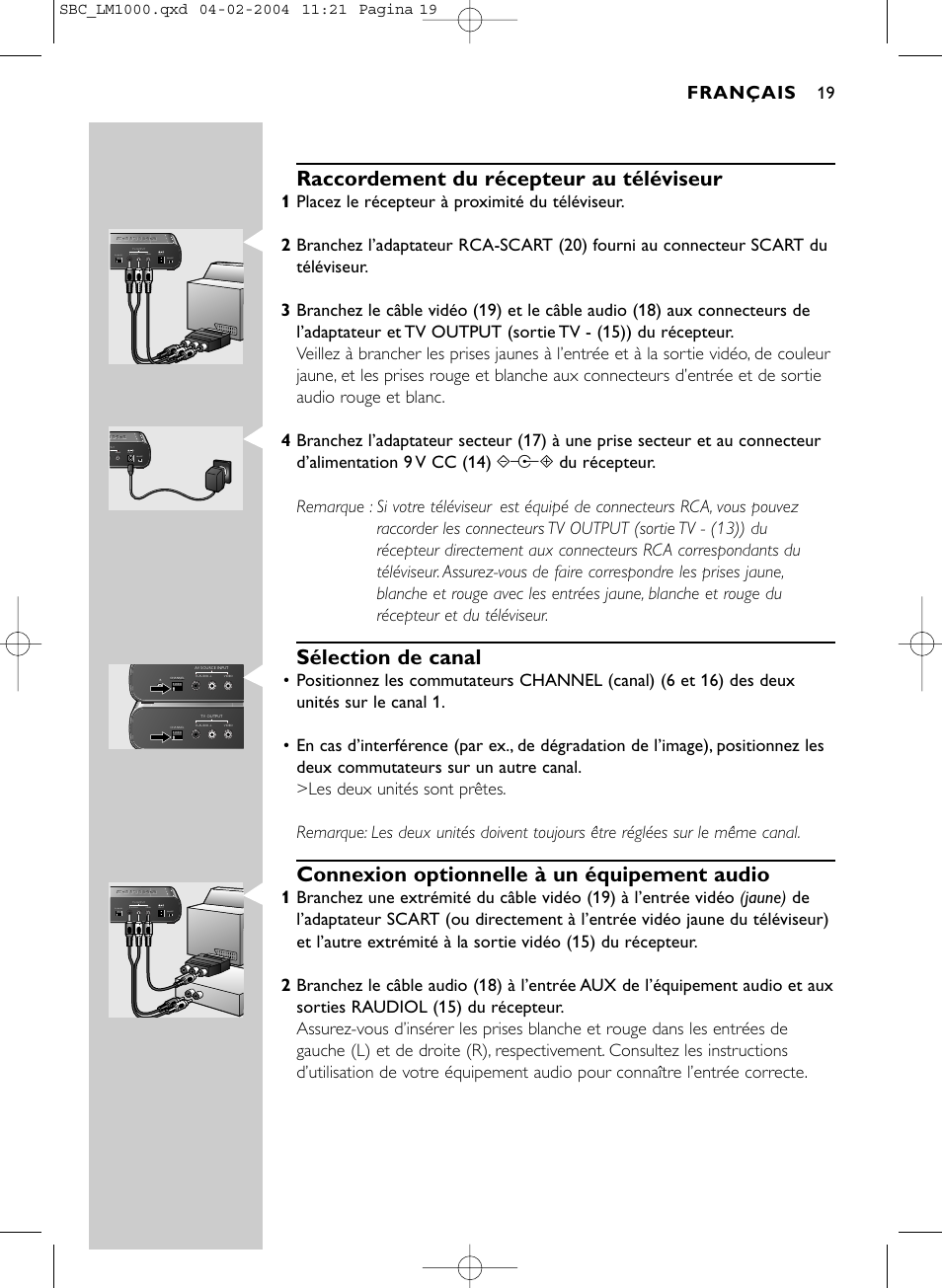 Raccordement du récepteur au téléviseur, Sélection de canal, Connexion optionnelle à un équipement audio | Français | Philips Wireless PC-TV-Verbindung User Manual | Page 20 / 127