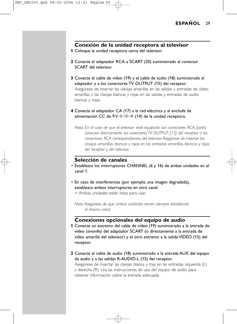 Conexión de la unidad receptora al televisor, Selección de canales, Conexiones opcionales del equipo de audio | Español | Philips Wireless PC-TV-Verbindung User Manual | Page 30 / 127