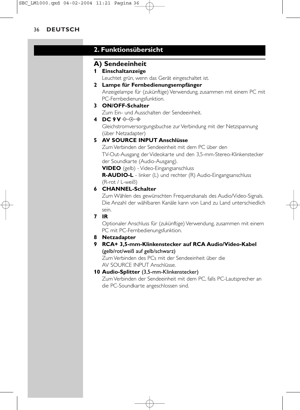 Funktionsübersicht a) sendeeinheit | Philips Wireless PC-TV-Verbindung User Manual | Page 37 / 127