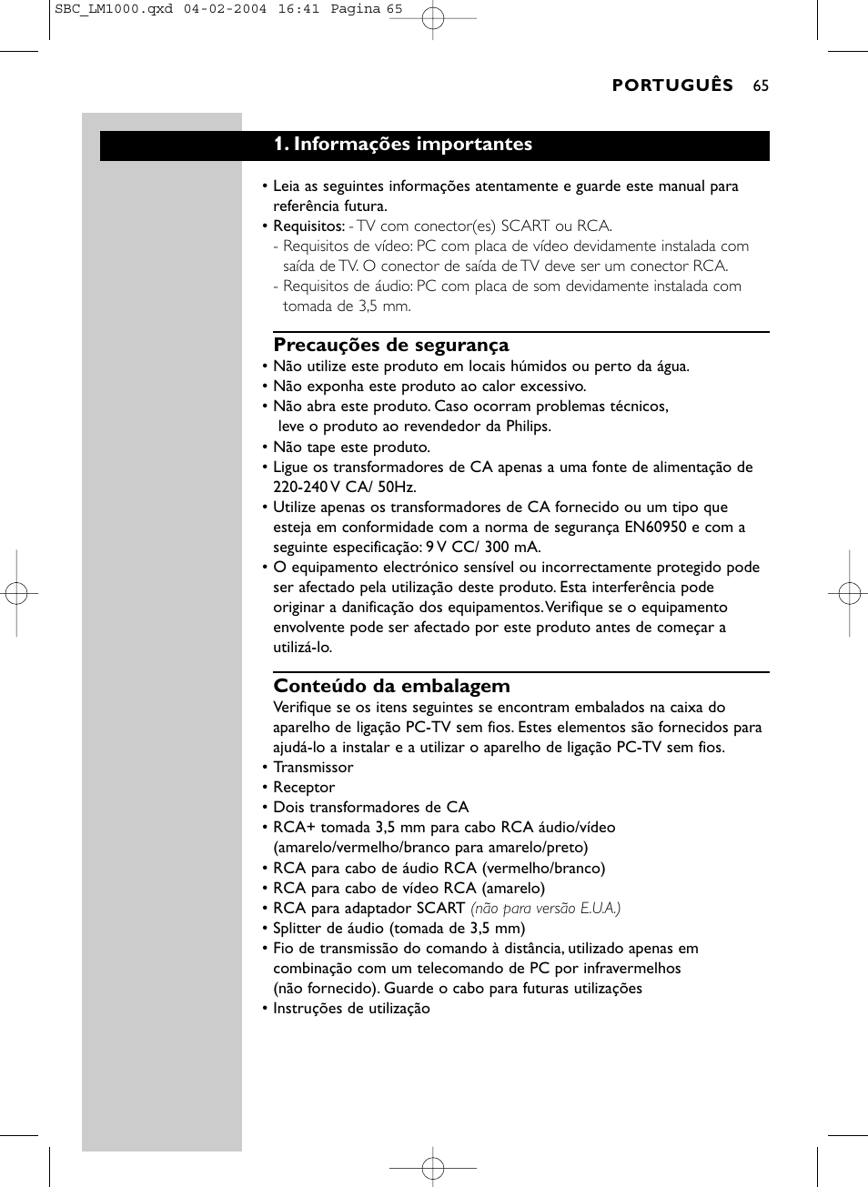 Informações importantes, Precauções de segurança, Conteúdo da embalagem | Philips Wireless PC-TV-Verbindung User Manual | Page 66 / 127