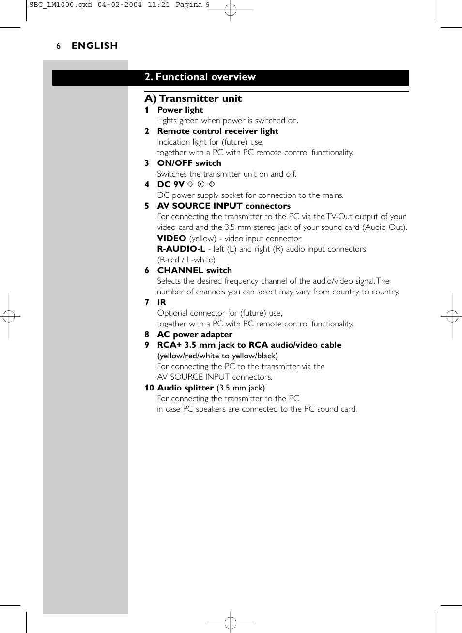 Functional overview a) transmitter unit | Philips Wireless PC-TV-Verbindung User Manual | Page 7 / 127