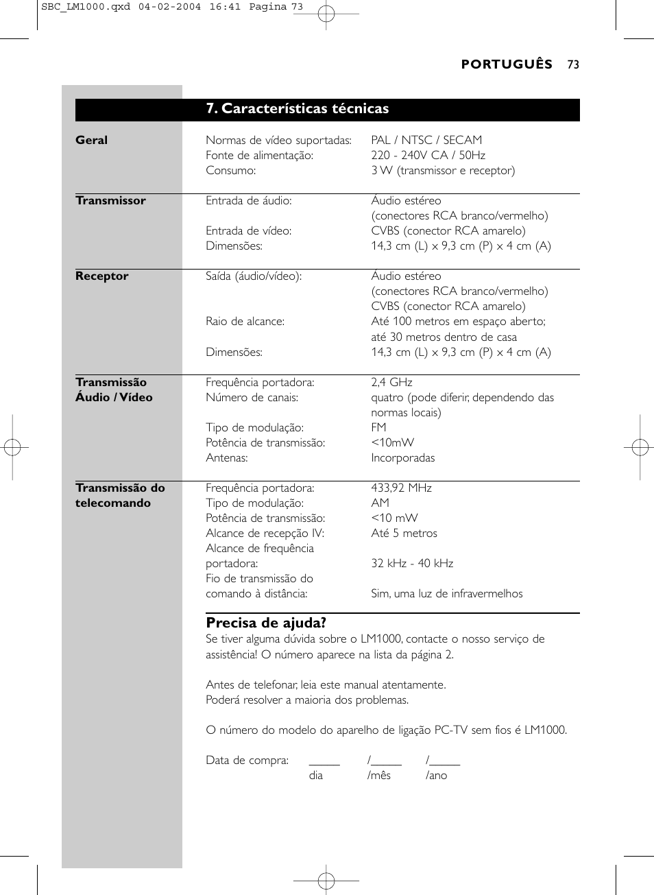 Características técnicas, Precisa de ajuda | Philips Wireless PC-TV-Verbindung User Manual | Page 74 / 127