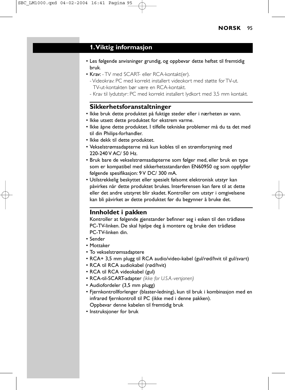 Viktig informasjon, Sikkerhetsforanstaltninger, Innholdet i pakken | Philips Wireless PC-TV-Verbindung User Manual | Page 96 / 127