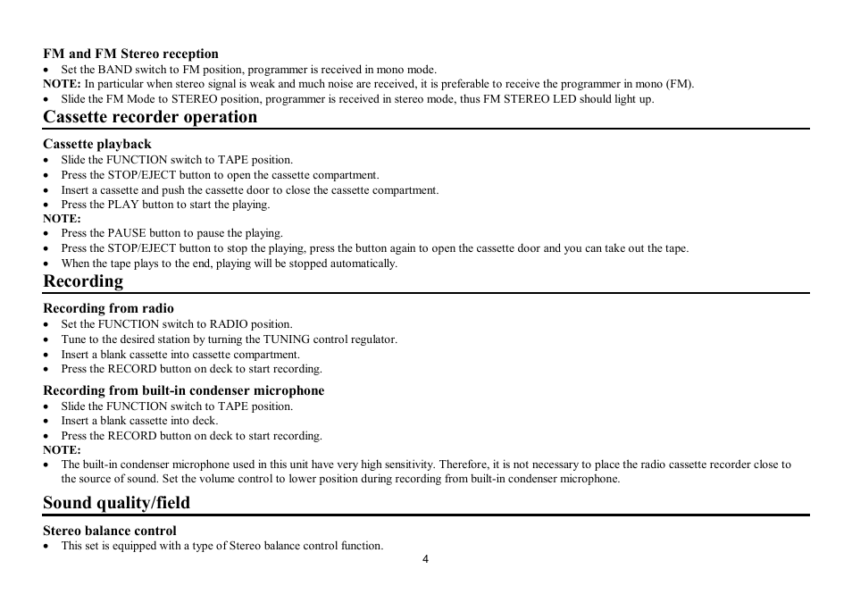 Cassette recorder operation, Recording, Sound quality/field | Hyundai H-1202 User Manual | Page 4 / 10