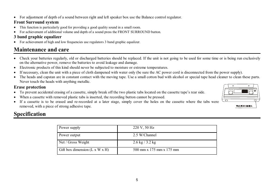 Maintenance and care, Specification | Hyundai H-1202 User Manual | Page 5 / 10