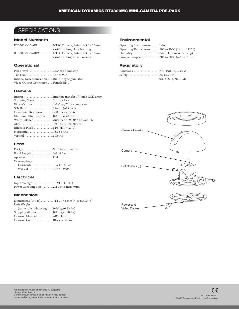 Specifications | American Dynamics RT3300MC User Manual | Page 2 / 2