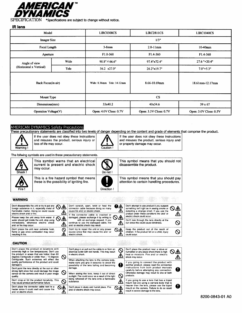 American" dynamics, Specification | American Dynamics LIRC0308CS User Manual | Page 2 / 2