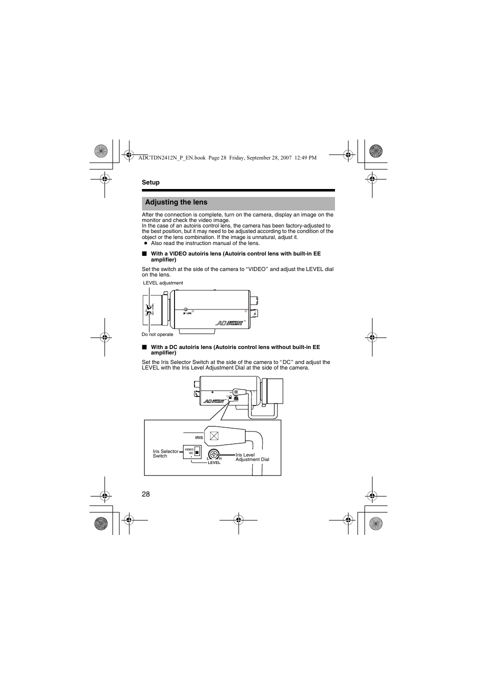 Adjusting the lens, A pg. 28), Video dc | Setup | American Dynamics ADCTDN0230P User Manual | Page 28 / 60