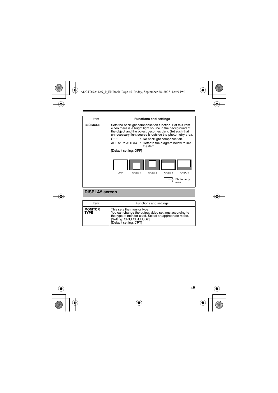 Display, Display screen | American Dynamics ADCTDN0230P User Manual | Page 45 / 60