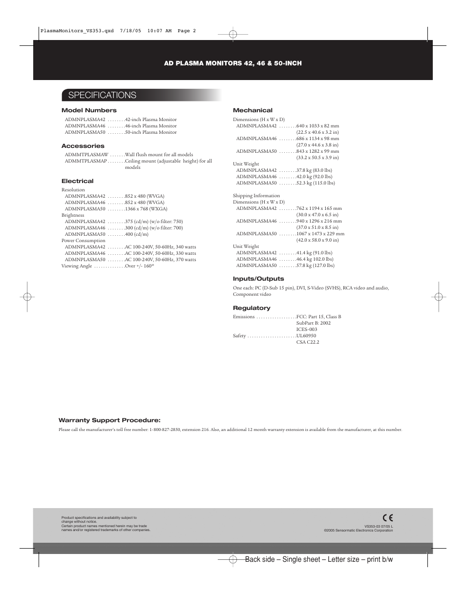 Specifications, Back side – single sheet – letter size – print b/w | American Dynamics 42 User Manual | Page 2 / 2