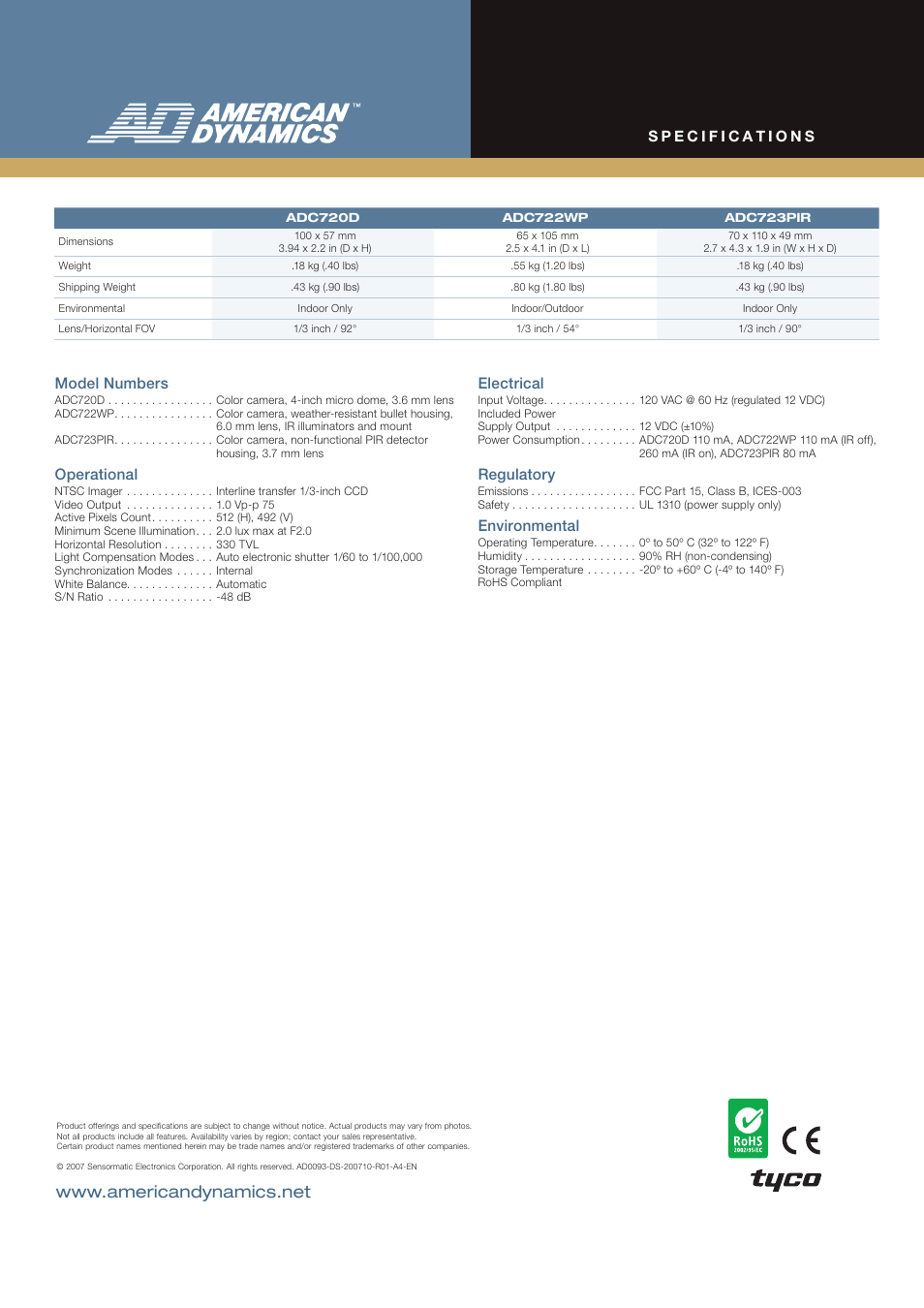 Model numbers, Operational, Electrical | Regulatory, Environmental | American Dynamics ADC722WP User Manual | Page 2 / 2