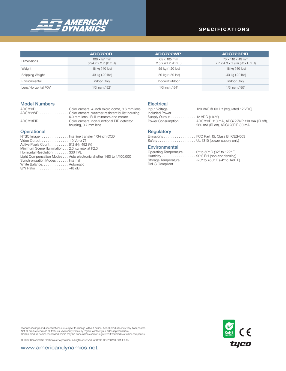 Operational, Electrical, Regulatory | Environmental | American Dynamics Tyco ADC720 Series User Manual | Page 2 / 2