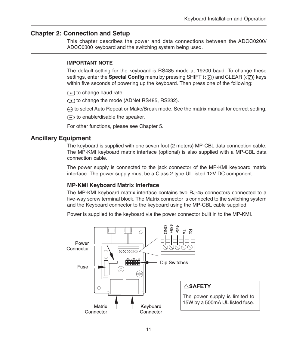 Chapter 2: connection and setup, Ancillary equipment, Mp-kmi keyboard matrix interface | Connection and setup, Keyboard matrix interface | American Dynamics ControlCenter ADCC0200 User Manual | Page 19 / 56