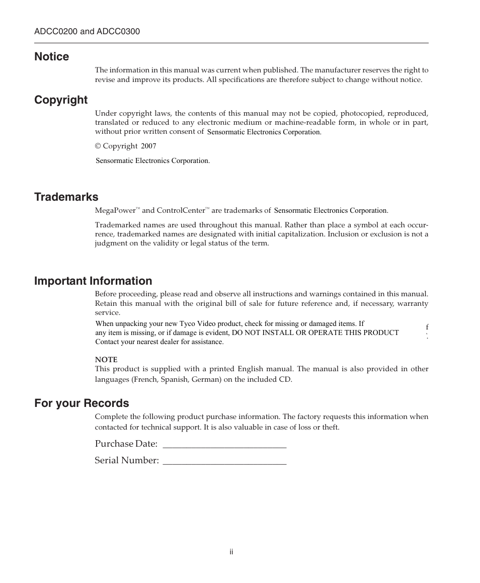 Notice, Copyright, Trademarks | Important information, For your records | American Dynamics ControlCenter ADCC0200 User Manual | Page 2 / 56