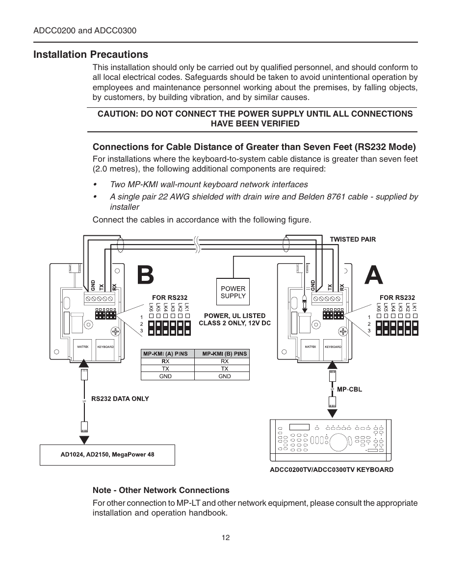 Installation precautions, Single keyboard with cable length over seven feet | American Dynamics ControlCenter ADCC0200 User Manual | Page 20 / 56
