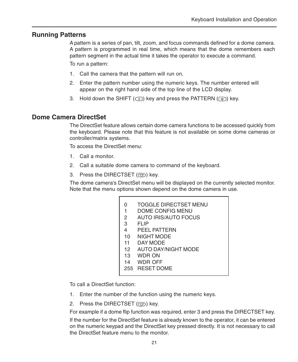 Running patterns, Dome camera directset, Directset | Running, Dome camera directset running tours | American Dynamics ControlCenter ADCC0200 User Manual | Page 29 / 56