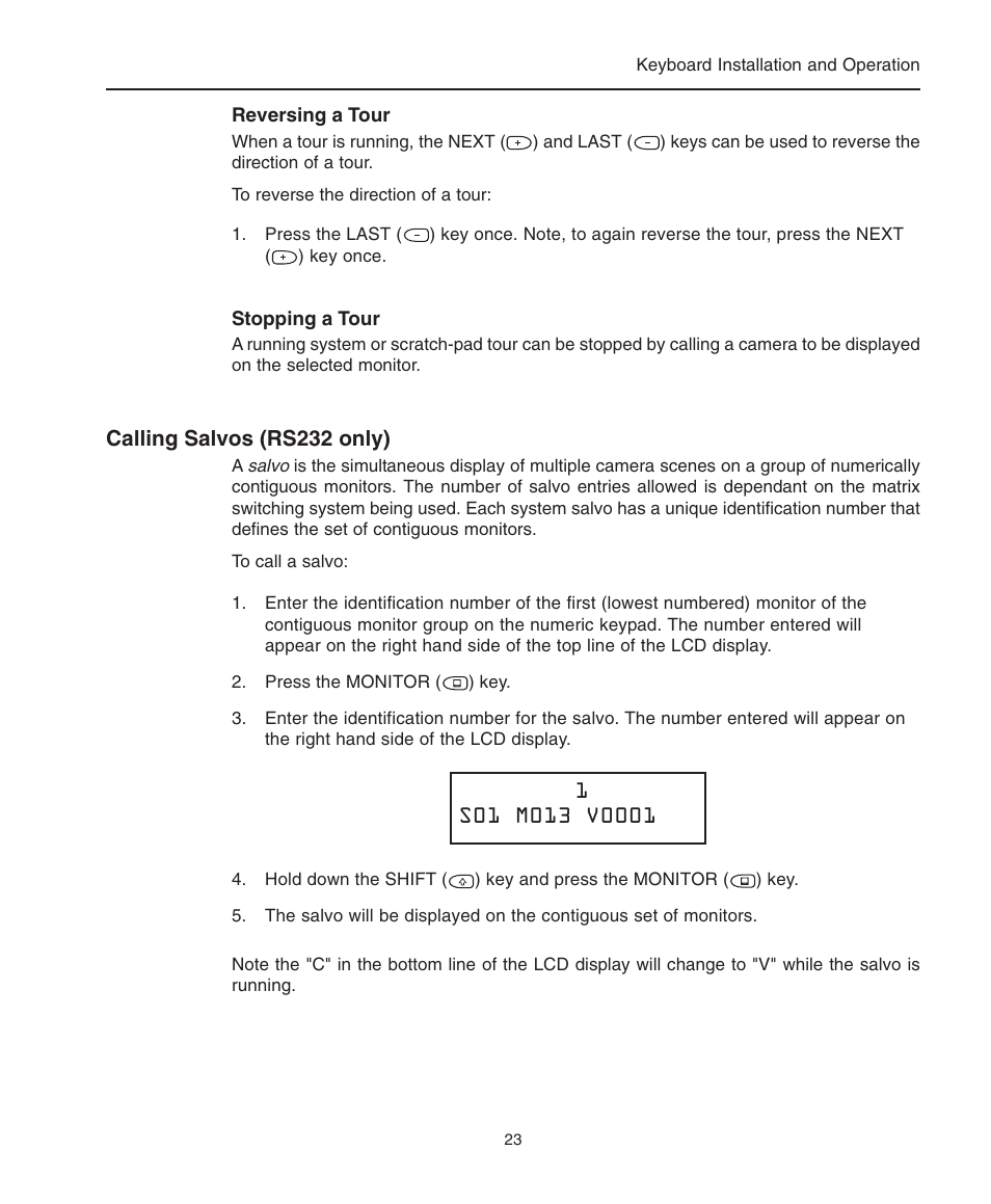 Reversing a tour, Stopping a tour, Calling salvos (rs232 only) | Calling salvos, Reversing tours, Salvos, Stopping tours, Reversing, Stopping | American Dynamics ControlCenter ADCC0200 User Manual | Page 31 / 56