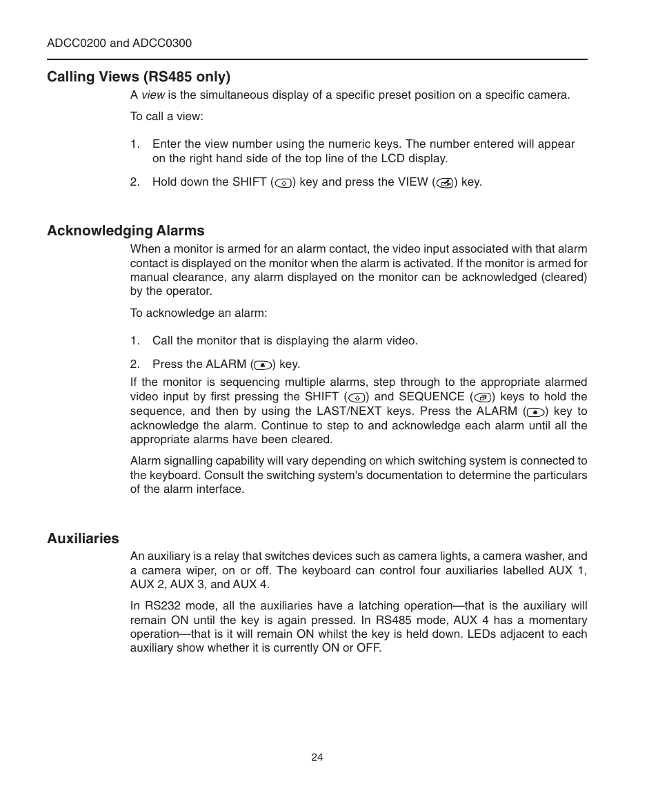 Calling views (rs485 only), Acknowledging alarms, Auxiliaries | Alarms, Calling views, Calling | American Dynamics ControlCenter ADCC0200 User Manual | Page 32 / 56