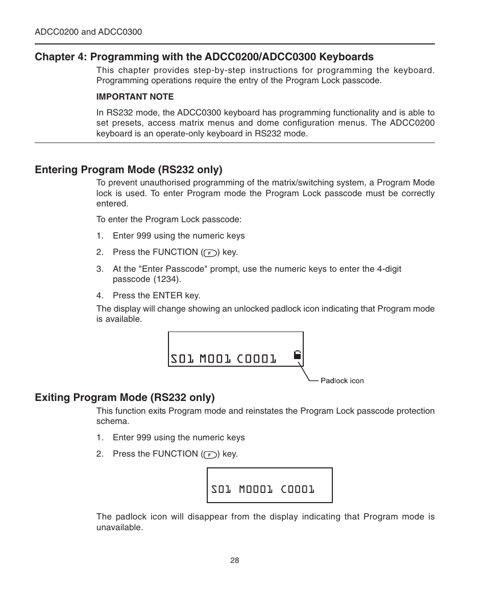 Entering program mode (rs232 only), Exiting program mode (rs232 only), Exiting program mode | Entering, Exiting, Locking | American Dynamics ControlCenter ADCC0200 User Manual | Page 36 / 56