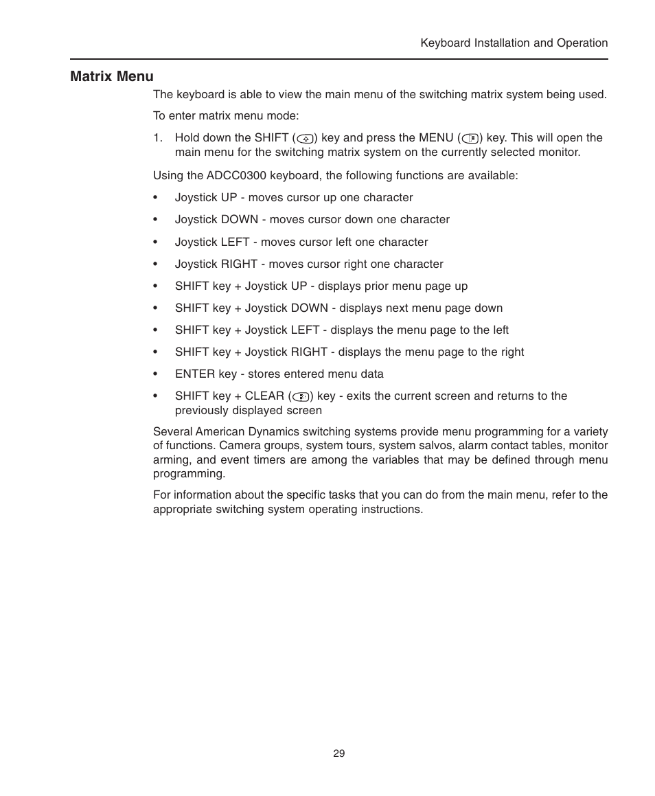Matrix menu, Entering matrix menu mode, Dome menu functions | American Dynamics ControlCenter ADCC0200 User Manual | Page 37 / 56