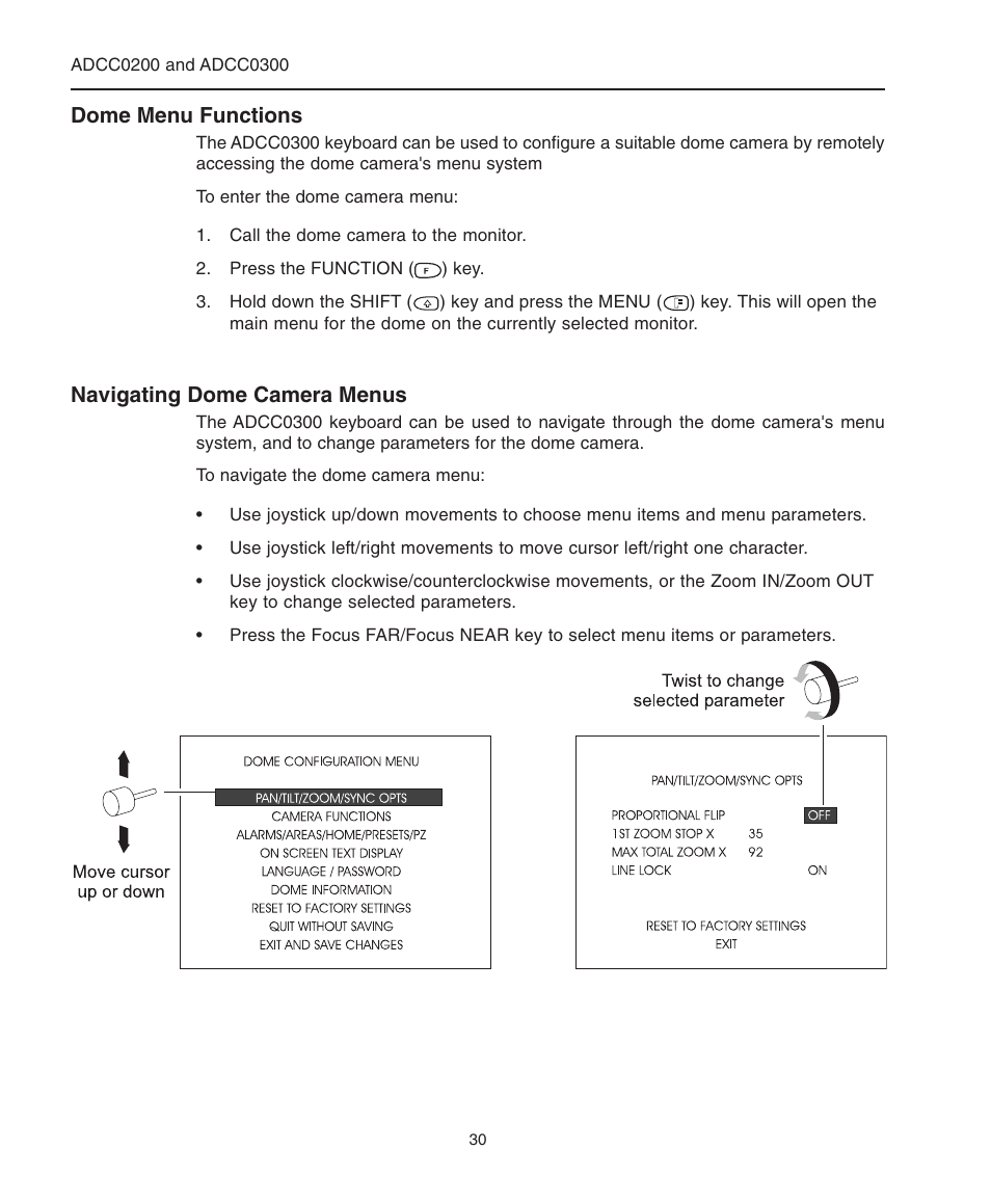 Dome menu functions, Navigating dome camera menus, Navigating dome camera menus setting presets | American Dynamics ControlCenter ADCC0200 User Manual | Page 38 / 56
