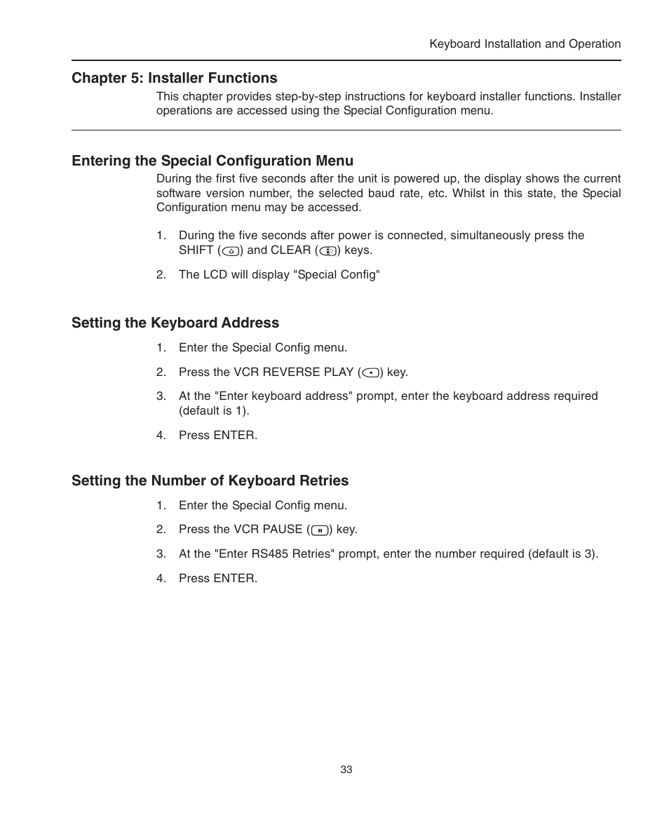 Chapter 5: installer functions, Entering the special configuration menu, Setting the keyboard address | Setting the number of keyboard retries, Address, Retries | American Dynamics ControlCenter ADCC0200 User Manual | Page 41 / 56